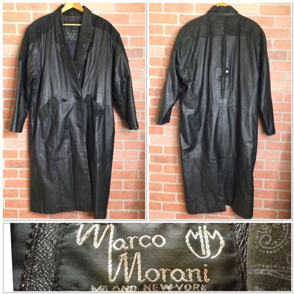 Vtg Marco Morani Black Leather Trench Coat 3X Double Breasted Paisley Goth Vamp